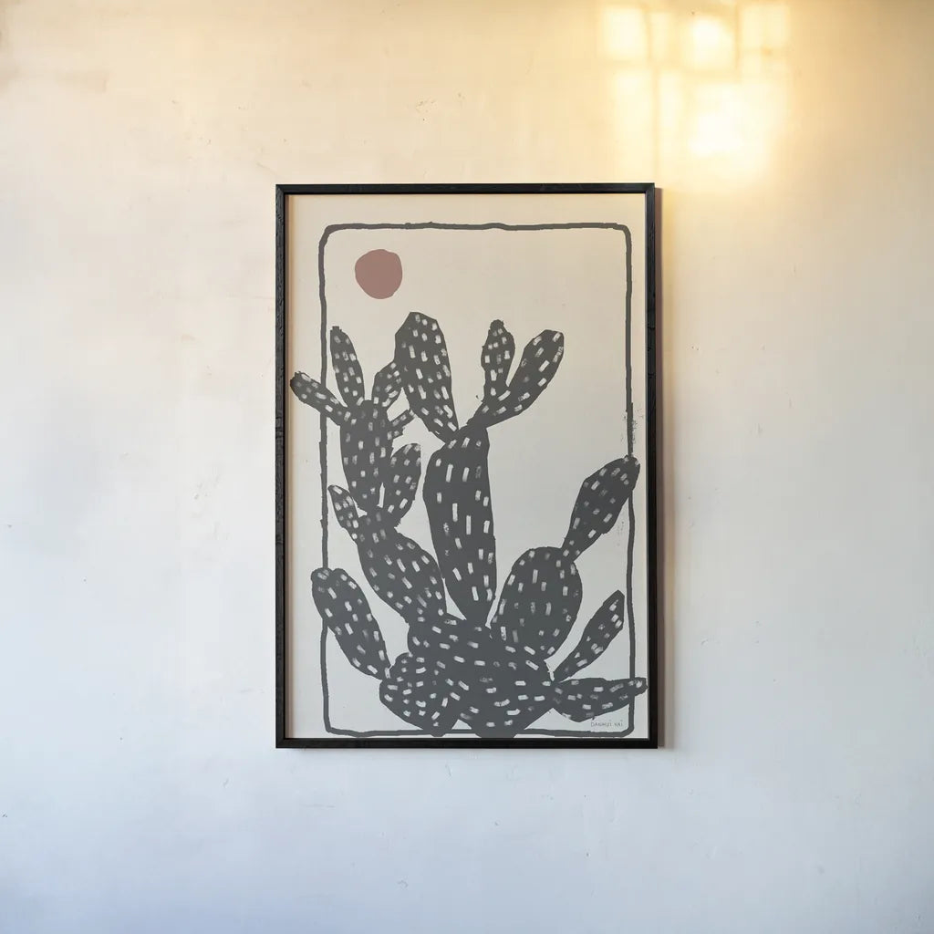 Woodcut Cactus I by Danhui Nai. shown as a paper print in a black flame. Available as a archival giclee rolled canvas, fine art paper, or poster print. SKU 95297h.