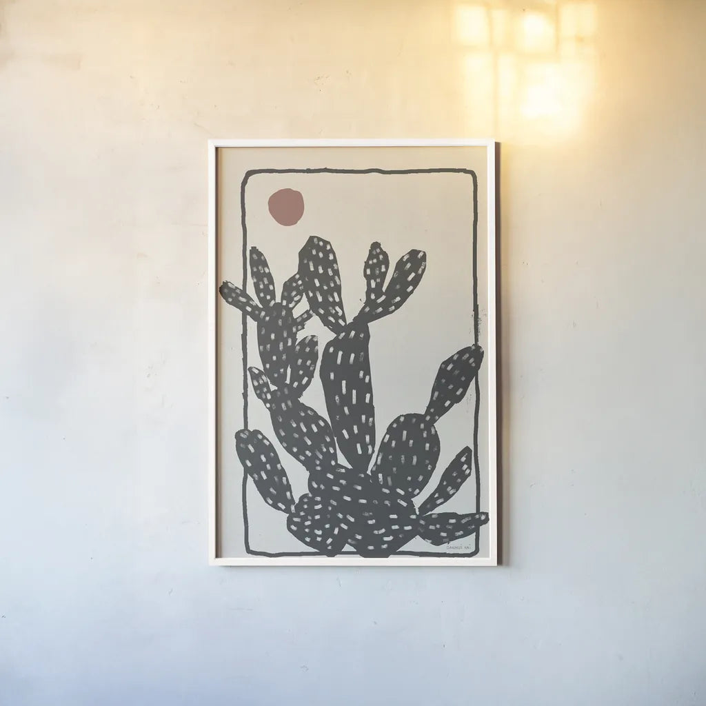 Woodcut Cactus I by Danhui Nai. shown as a paper print in a white frame. Available as a archival giclee rolled canvas, fine art paper, or poster print. SKU 95297h.