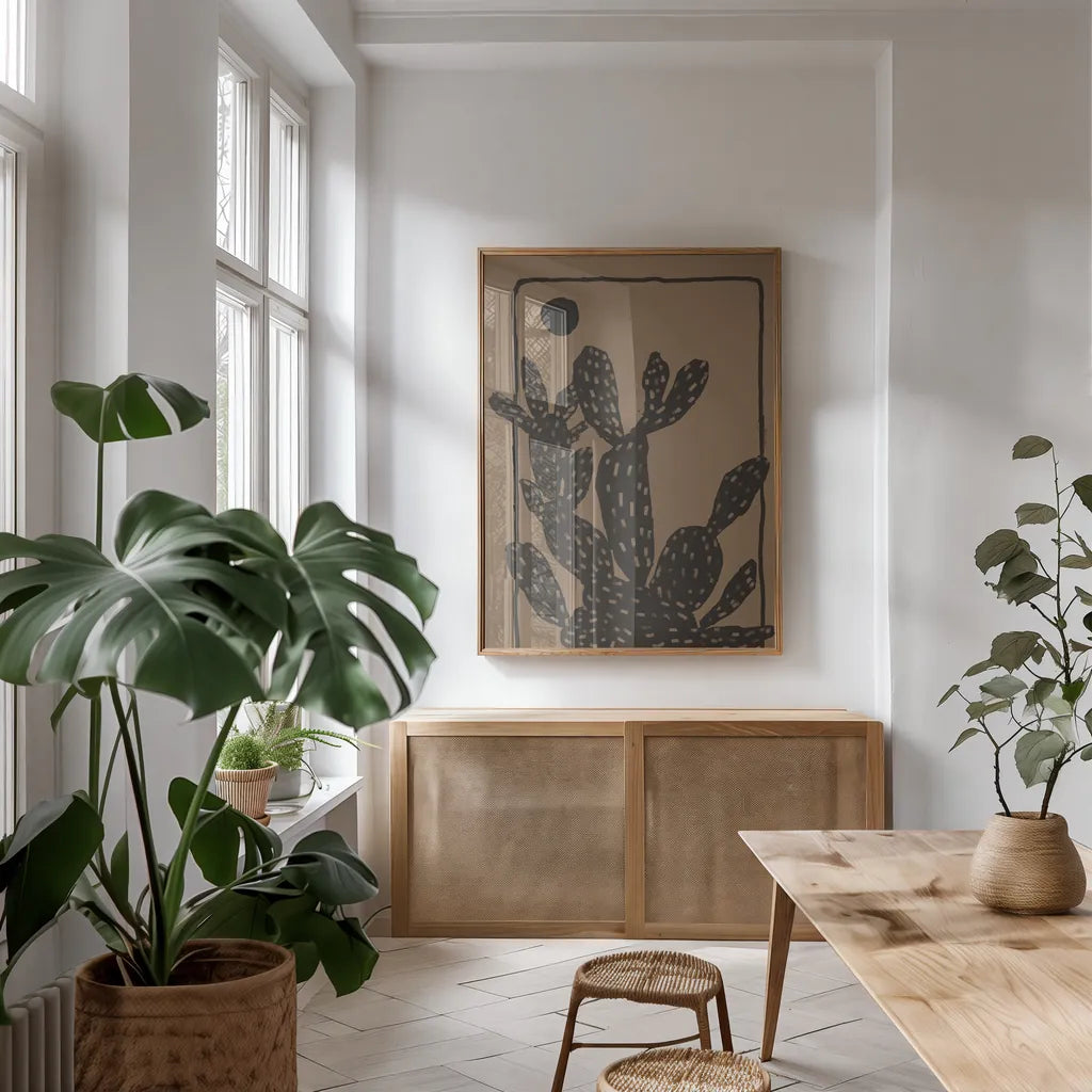 Woodcut Cactus I Natural by Danhui Nai. shown as a print in a natural wood frame in a dining room. Available as a archival giclee rolled canvas, fine art paper, or poster print. SKU 97970h.