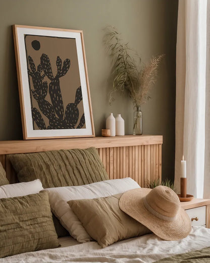 Woodcut Cactus I Natural by Danhui Nai. shown as a paper print in a natural frame. Available as a archival giclee rolled canvas, fine art paper, or poster print. SKU 97970h.