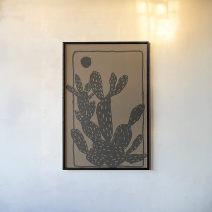 Woodcut Cactus I Natural by Danhui Nai. shown as a paper print in a black flame. Available as a archival giclee rolled canvas, fine art paper, or poster print. SKU 97970h.