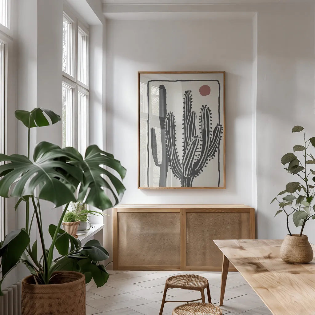 Woodcut Cactus II by Danhui Nai. shown as a print in a natural wood frame in a dining room. Available as a archival giclee rolled canvas, fine art paper, or poster print. SKU 95298h.