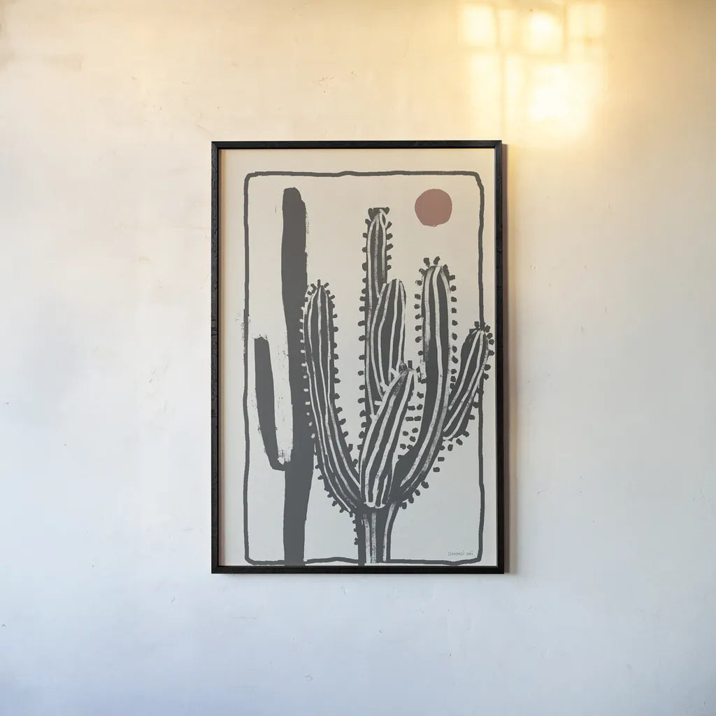 Woodcut Cactus II by Danhui Nai. shown as a paper print in a black flame. Available as a archival giclee rolled canvas, fine art paper, or poster print. SKU 95298h.