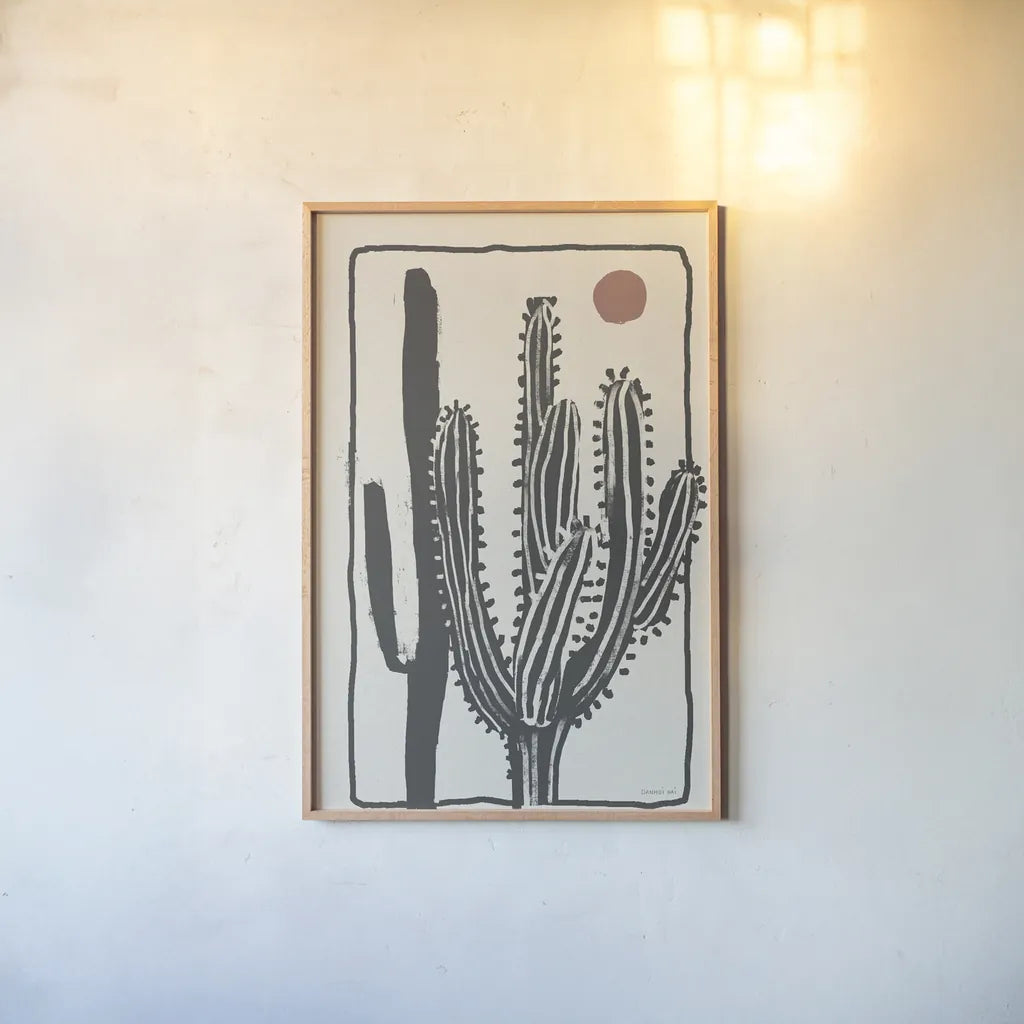 Woodcut Cactus II by Danhui Nai. shown as a paper print in a natural frame. Available as a archival giclee rolled canvas, fine art paper, or poster print. SKU 95298h.
