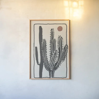 Woodcut Cactus II by Danhui Nai. shown as a paper print in a natural frame. Available as a archival giclee rolled canvas, fine art paper, or poster print. SKU 95298h.