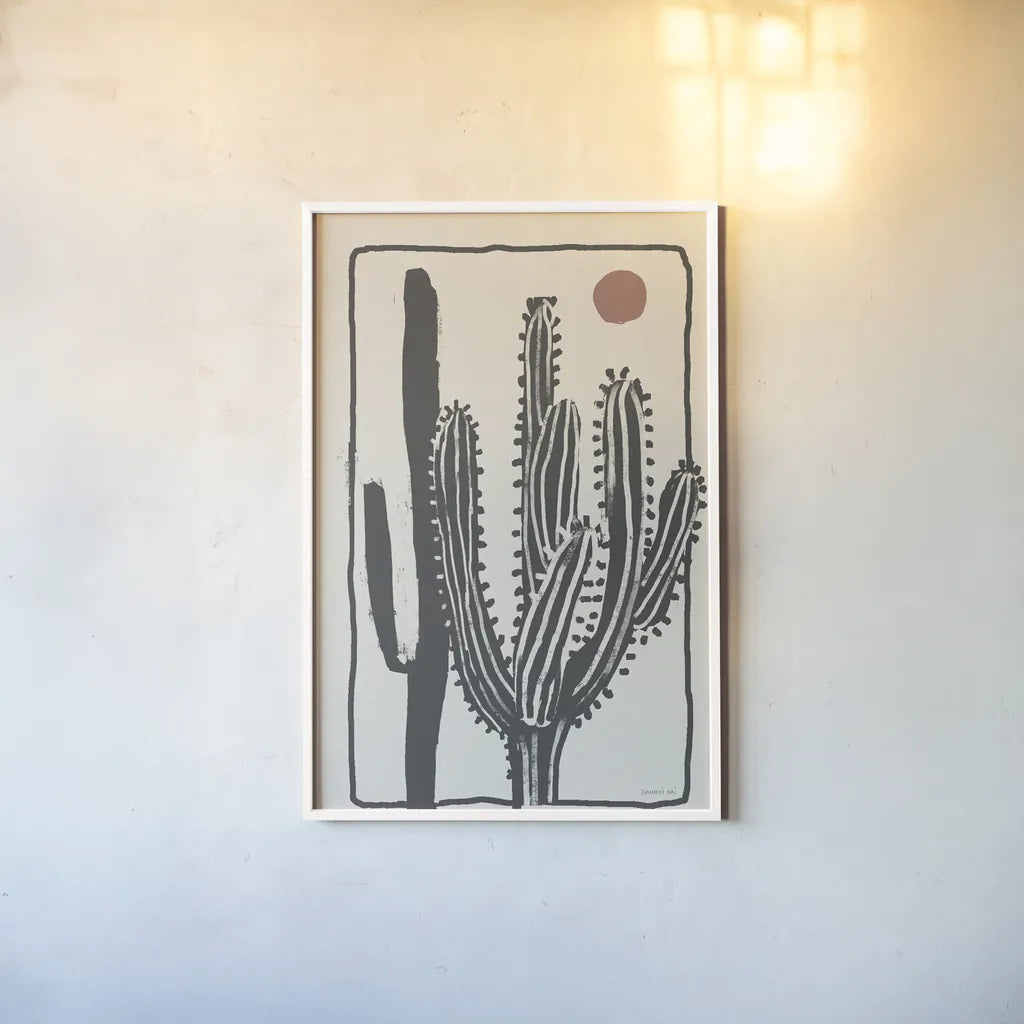Woodcut Cactus II by Danhui Nai. shown as a paper print in a white frame. Available as a archival giclee rolled canvas, fine art paper, or poster print. SKU 95298h.