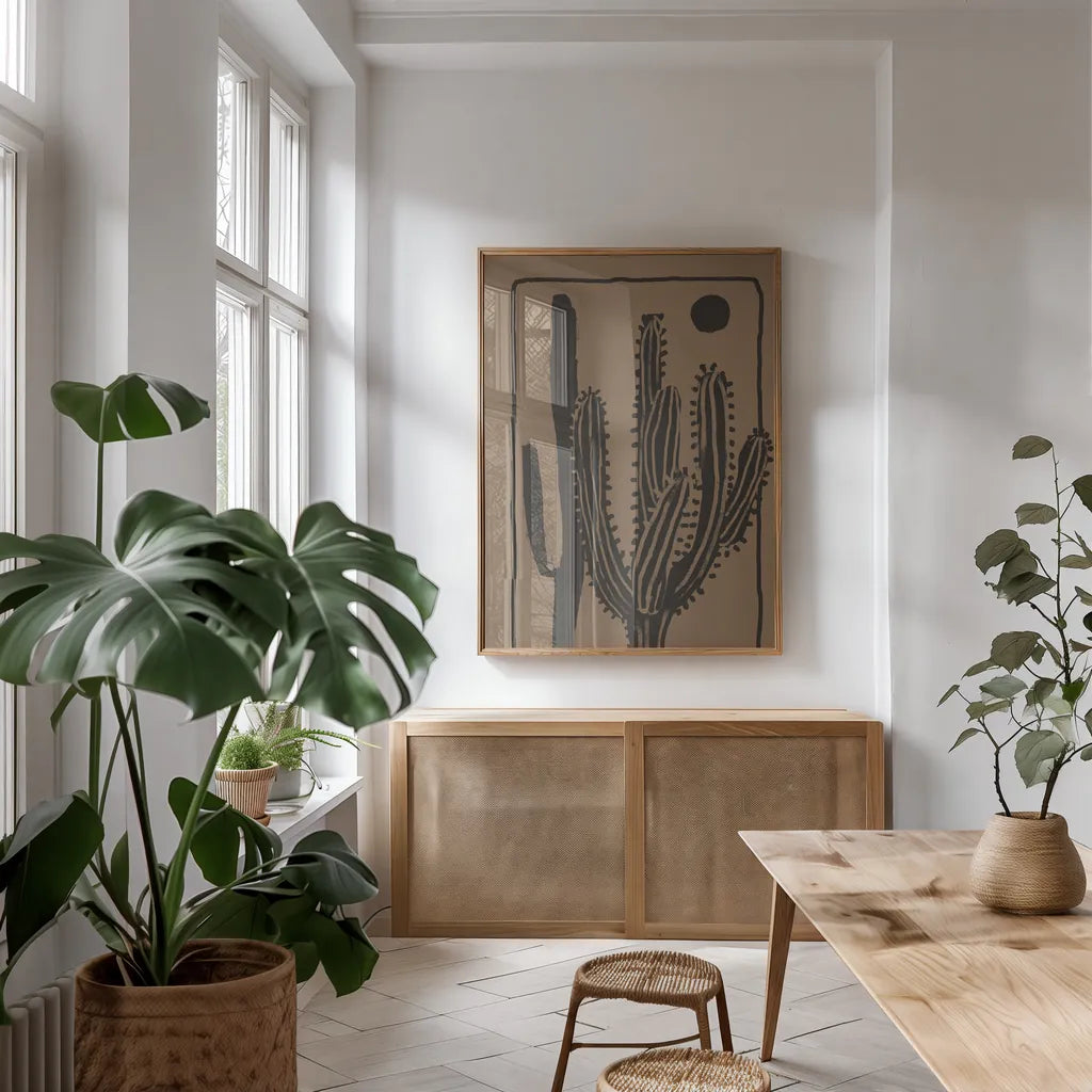 Woodcut Cactus II Natural by Danhui Nai. shown as a print in a natural wood frame in a dining room. Available as a archival giclee rolled canvas, fine art paper, or poster print. SKU 97971h.