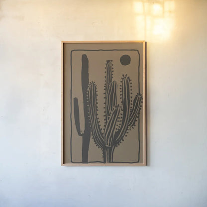Woodcut Cactus II Natural by Danhui Nai. shown as a paper print in a natural frame. Available as a archival giclee rolled canvas, fine art paper, or poster print. SKU 97971h.