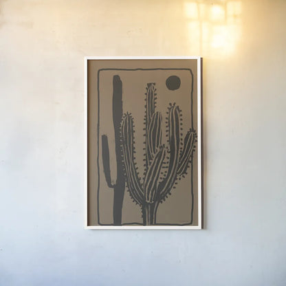 Woodcut Cactus II Natural by Danhui Nai. shown as a paper print in a white frame. Available as a archival giclee rolled canvas, fine art paper, or poster print. SKU 97971h.
