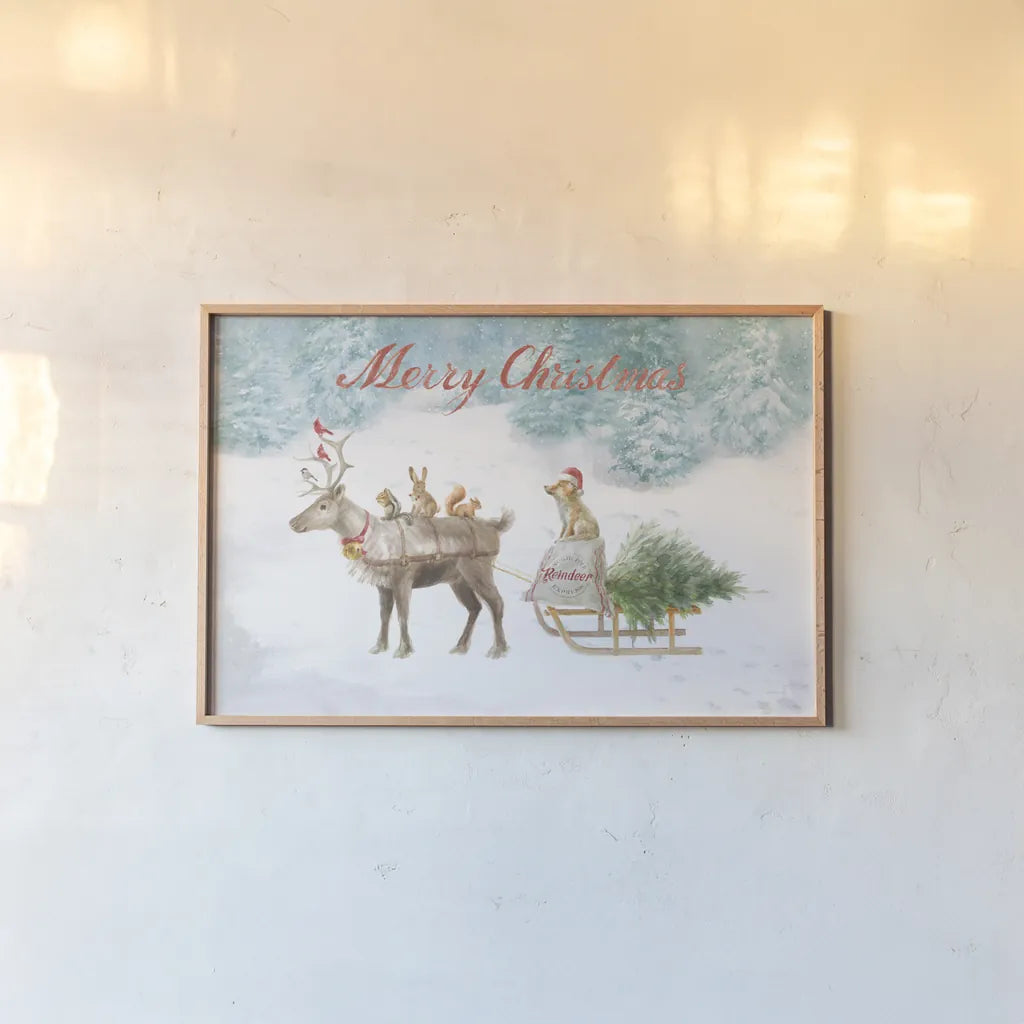 Woodland Celebration I Christmas by Danhui Nai. shown as a paper print in a natural frame. Available as a archival giclee rolled canvas, fine art paper, or poster print. SKU 58258i.