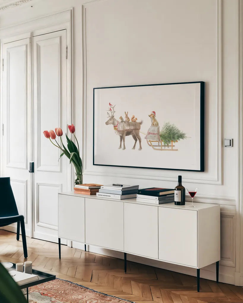 Woodland Celebration I on White by Danhui Nai. shown as a framed stretched canvas in a living room above a console. Available as a archival giclee rolled canvas, fine art paper, or poster print. SKU 54909i.