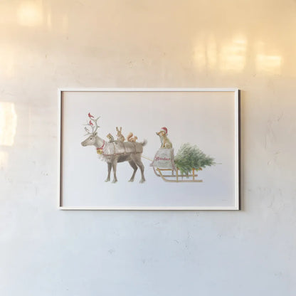 Woodland Celebration I on White by Danhui Nai. shown as a paper print in a white frame. Available as a archival giclee rolled canvas, fine art paper, or poster print. SKU 54909i.