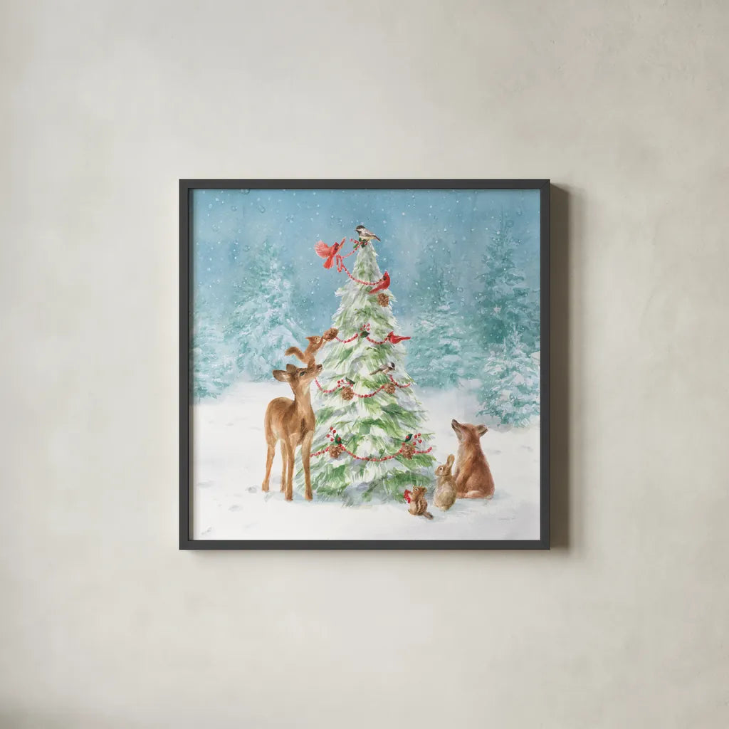 Woodland Celebration II by Danhui Nai. Shown in a sleek black glass frame for a contemporary gallery look. Available as an archival giclee rolled canvas, fine art paper, or poster print. SKU 54904a.