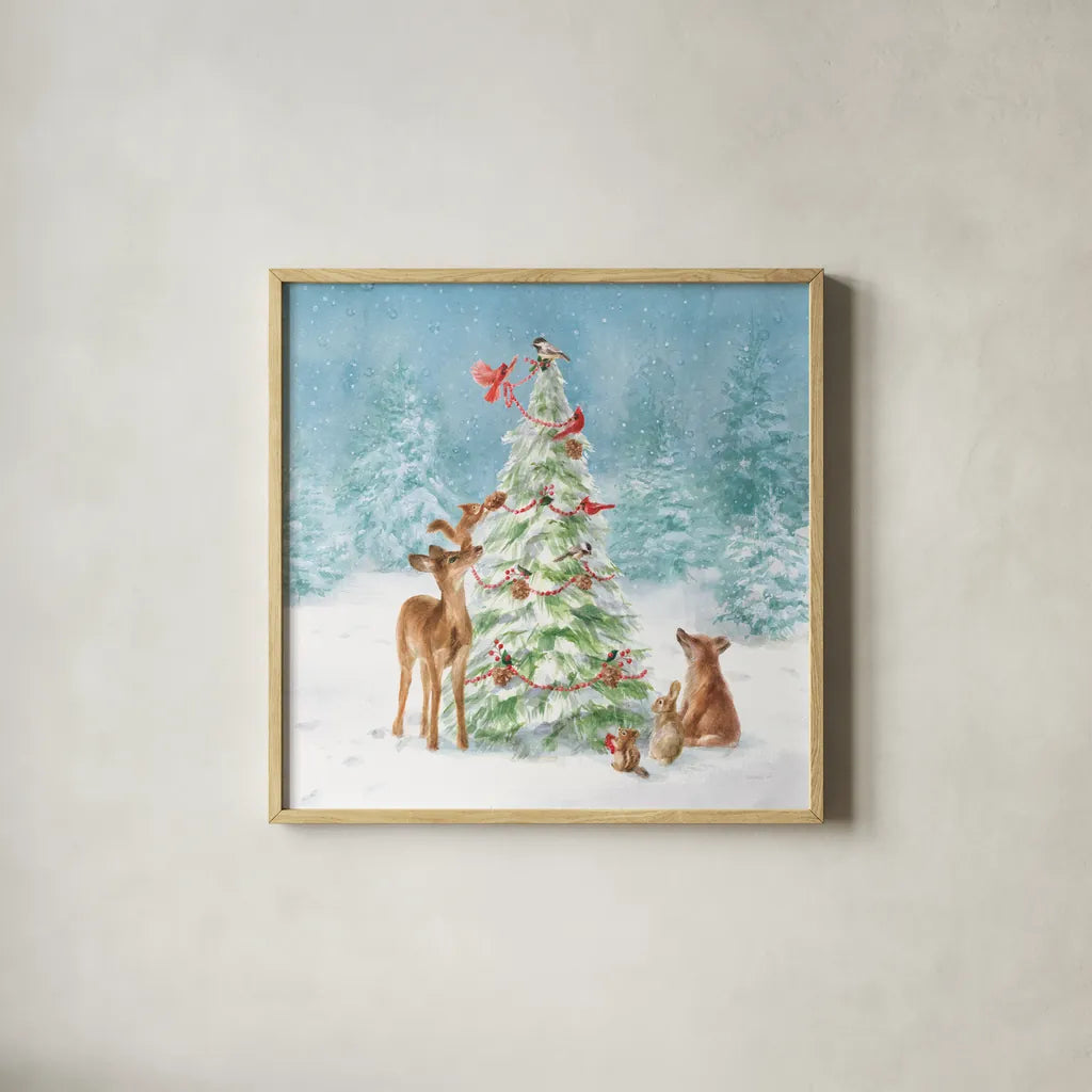 Woodland Celebration II by Danhui Nai. Shown in a natural wood glass frame for a timeless modern aesthetic. Available as an archival giclee rolled canvas, fine art paper, or poster print. SKU 54904a.