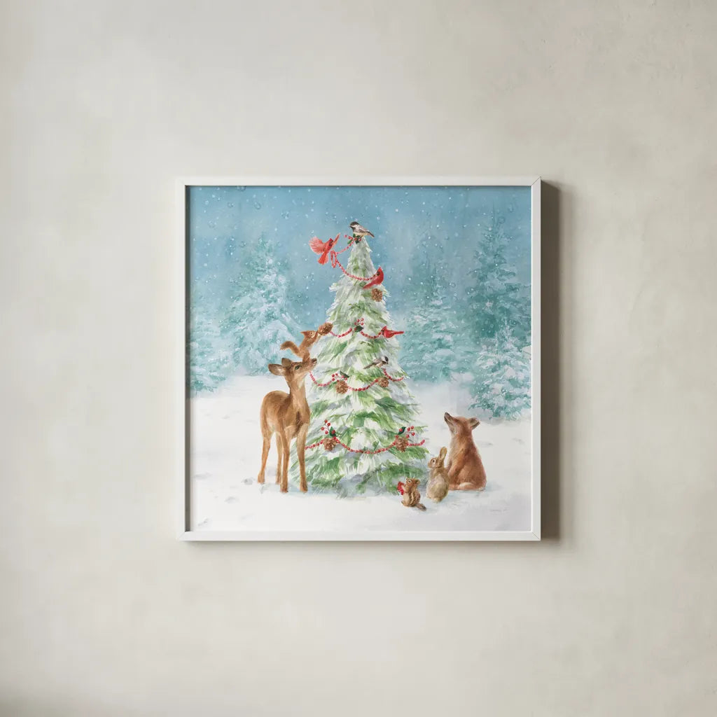 Woodland Celebration II by Danhui Nai. Shown in a crisp white glass frame for a clean and minimalist style. Available as an archival giclee rolled canvas, fine art paper, or poster print. SKU 54904a.