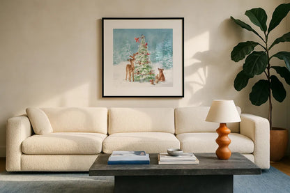 Woodland Celebration II by Danhui Nai. Displayed in a glass frame with matte in a clean modern living room. Available as an archival giclee rolled canvas, fine art paper, or poster print. SKU 54904a.