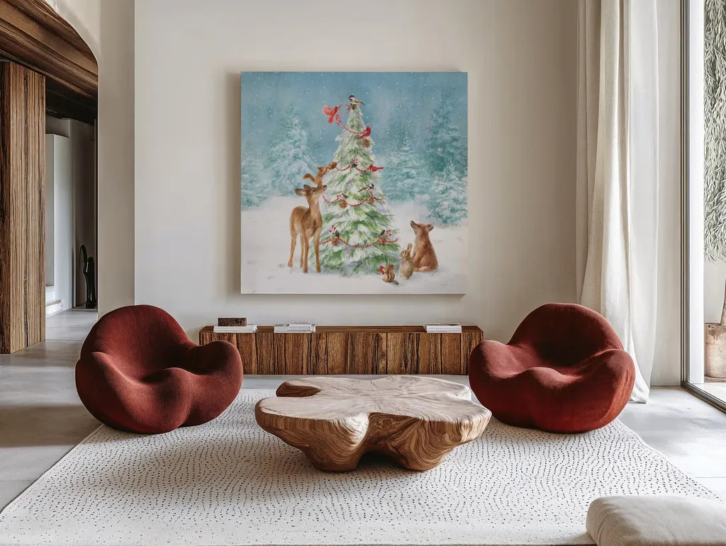 Woodland Celebration II by Danhui Nai. Shown as extra-large giant wall art in a modern living room. Available as an archival giclee rolled canvas, fine art paper, or poster print. SKU 54904a.