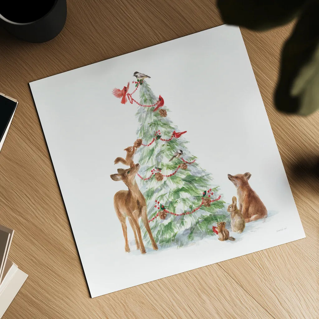 Woodland Celebration II on White by Danhui Nai. Shown as a detailed flat fine art print, highlighting archival giclee quality. Available as an archival giclee rolled canvas, fine art paper, or poster print. SKU 54910a.