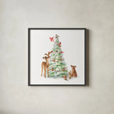Woodland Celebration II on White by Danhui Nai. Shown in a sleek black glass frame for a contemporary gallery look. Available as an archival giclee rolled canvas, fine art paper, or poster print. SKU 54910a.
