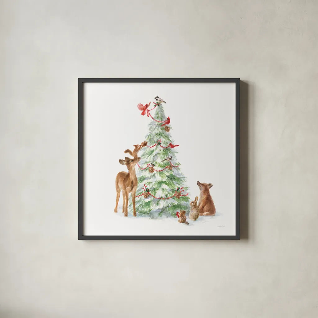 Woodland Celebration II on White by Danhui Nai. Shown in a sleek black glass frame for a contemporary gallery look. Available as an archival giclee rolled canvas, fine art paper, or poster print. SKU 54910a.