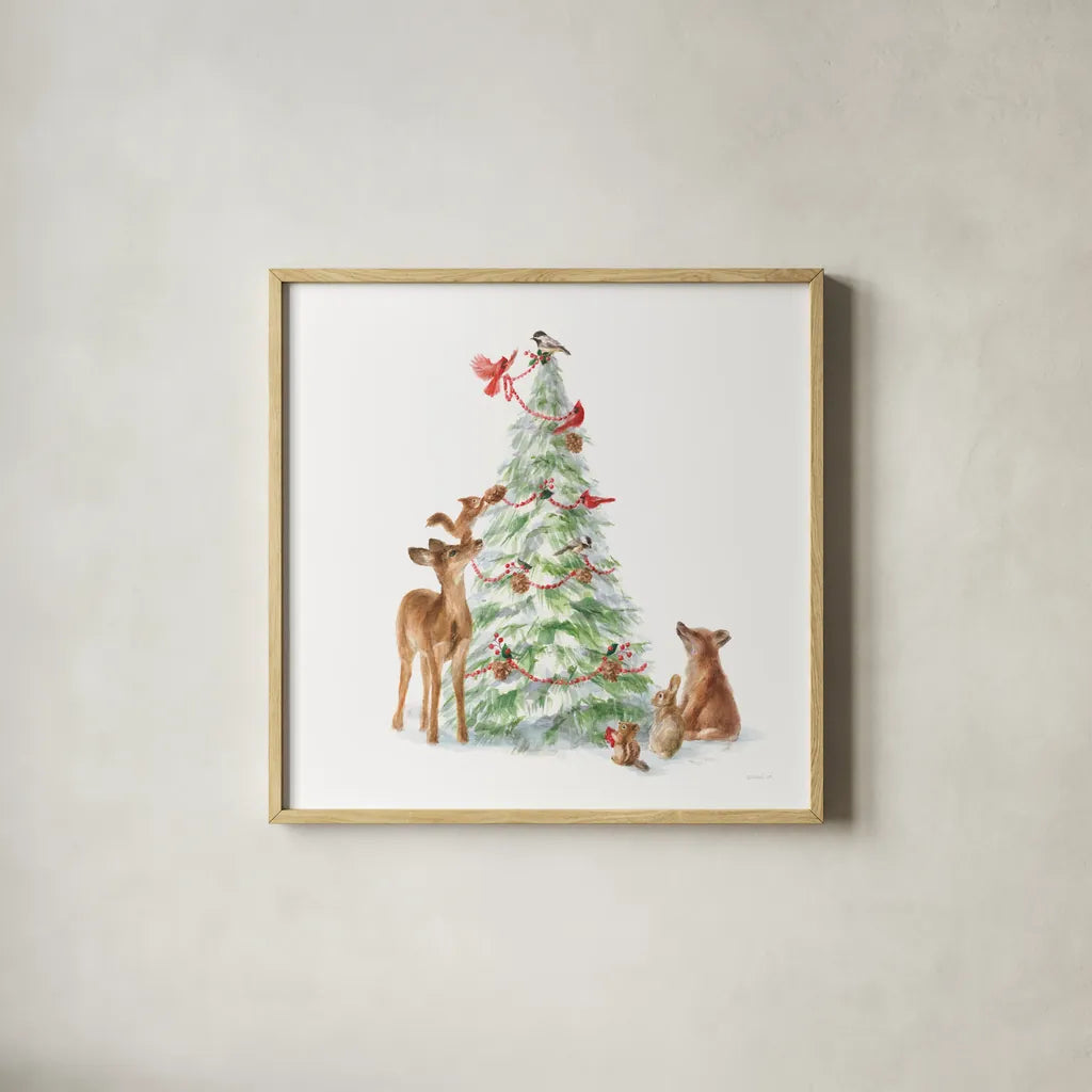 Woodland Celebration II on White by Danhui Nai. Shown in a natural wood glass frame for a timeless modern aesthetic. Available as an archival giclee rolled canvas, fine art paper, or poster print. SKU 54910a.