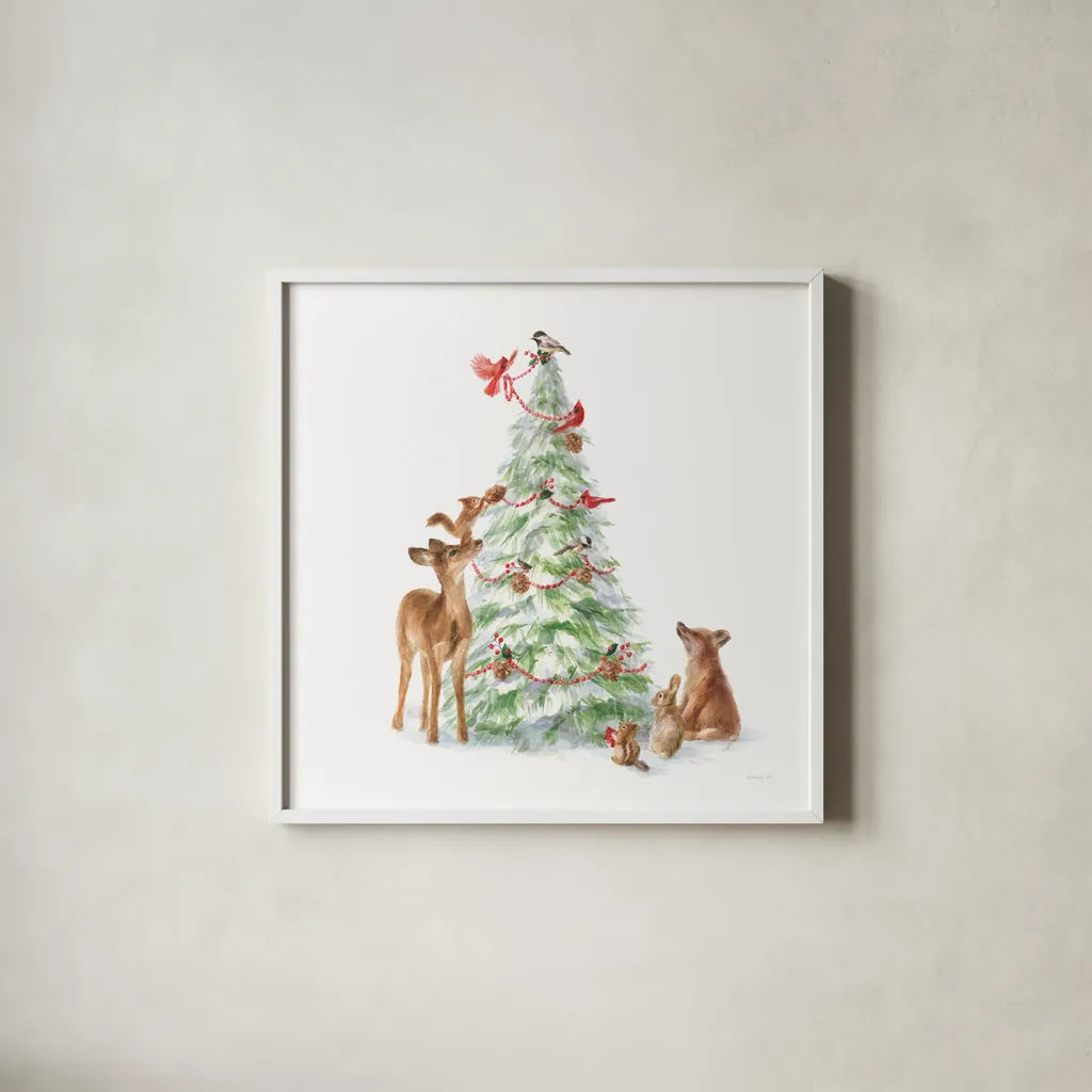 Woodland Celebration II on White by Danhui Nai. Shown in a crisp white glass frame for a clean and minimalist style. Available as an archival giclee rolled canvas, fine art paper, or poster print. SKU 54910a.