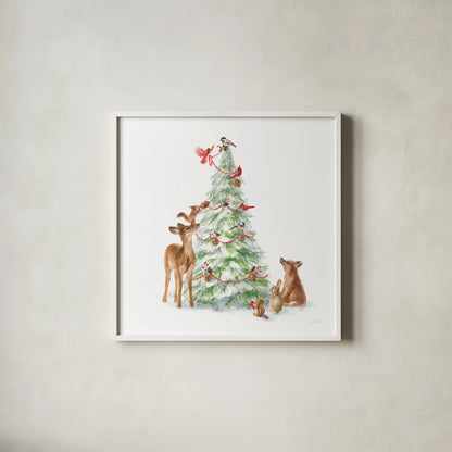 Woodland Celebration II on White by Danhui Nai. Shown in a crisp white glass frame for a clean and minimalist style. Available as an archival giclee rolled canvas, fine art paper, or poster print. SKU 54910a.