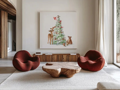Woodland Celebration II on White by Danhui Nai. Shown as extra-large giant wall art in a modern living room. Available as an archival giclee rolled canvas, fine art paper, or poster print. SKU 54910a.