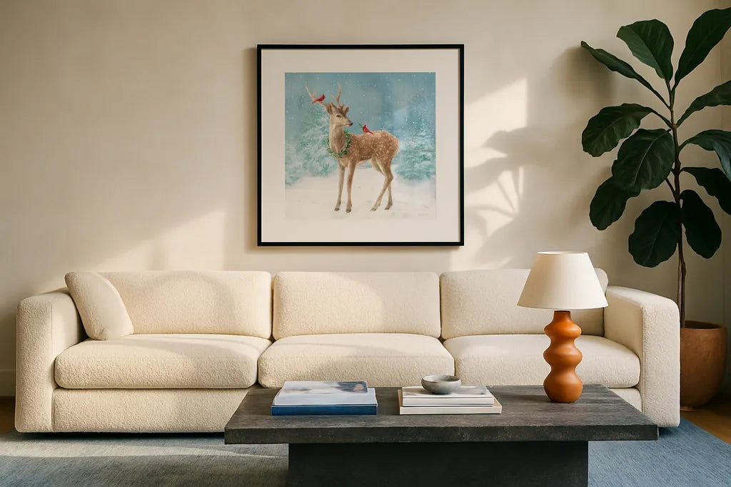 Woodland Celebration III by Danhui Nai. Displayed in a glass frame with matte in a clean modern living room. Available as an archival giclee rolled canvas, fine art paper, or poster print. SKU 54905a.