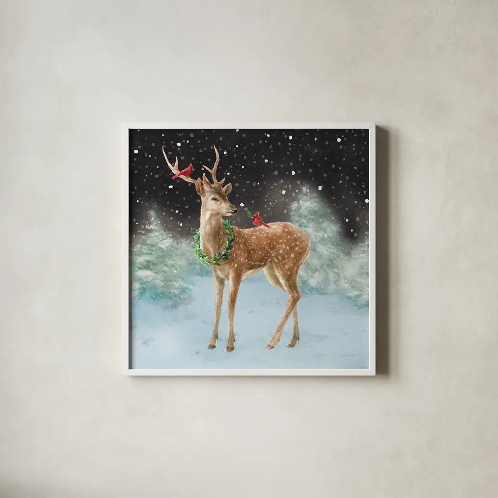 Woodland Celebration III Black by Danhui Nai. Shown in a crisp white glass frame for a clean and minimalist style. Available as an archival giclee rolled canvas, fine art paper, or poster print. SKU 81960a.