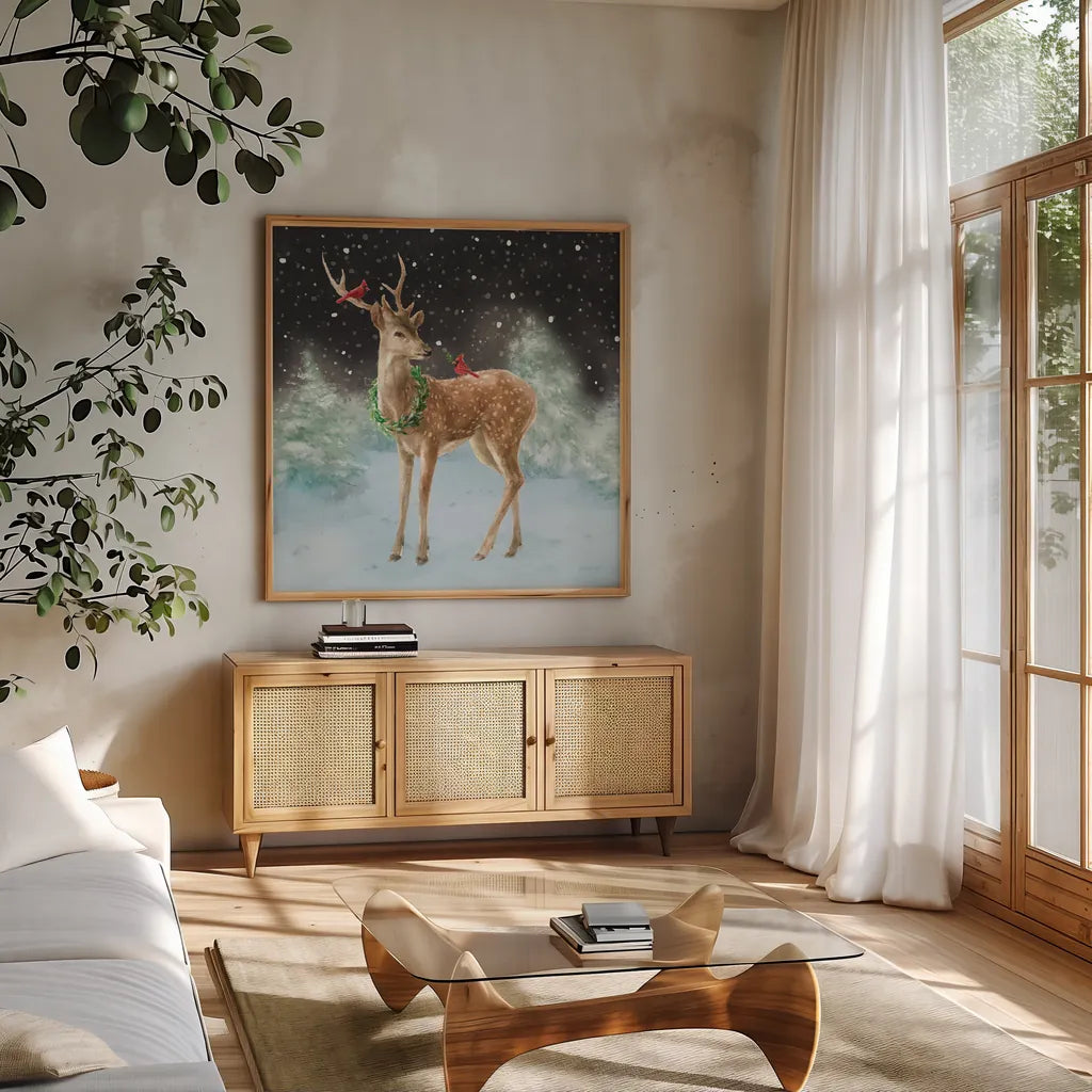 Woodland Celebration III Black by Danhui Nai. Shown in a natural wood frame in a cozy modern living room. Available as an archival giclee rolled canvas, fine art paper, or poster print. SKU 81960a.