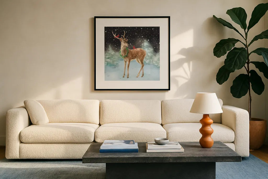 Woodland Celebration III Black by Danhui Nai. Displayed in a glass frame with matte in a clean modern living room. Available as an archival giclee rolled canvas, fine art paper, or poster print. SKU 81960a.