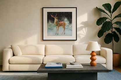 Woodland Celebration III Black by Danhui Nai. Displayed in a glass frame with matte in a clean modern living room. Available as an archival giclee rolled canvas, fine art paper, or poster print. SKU 81960a.