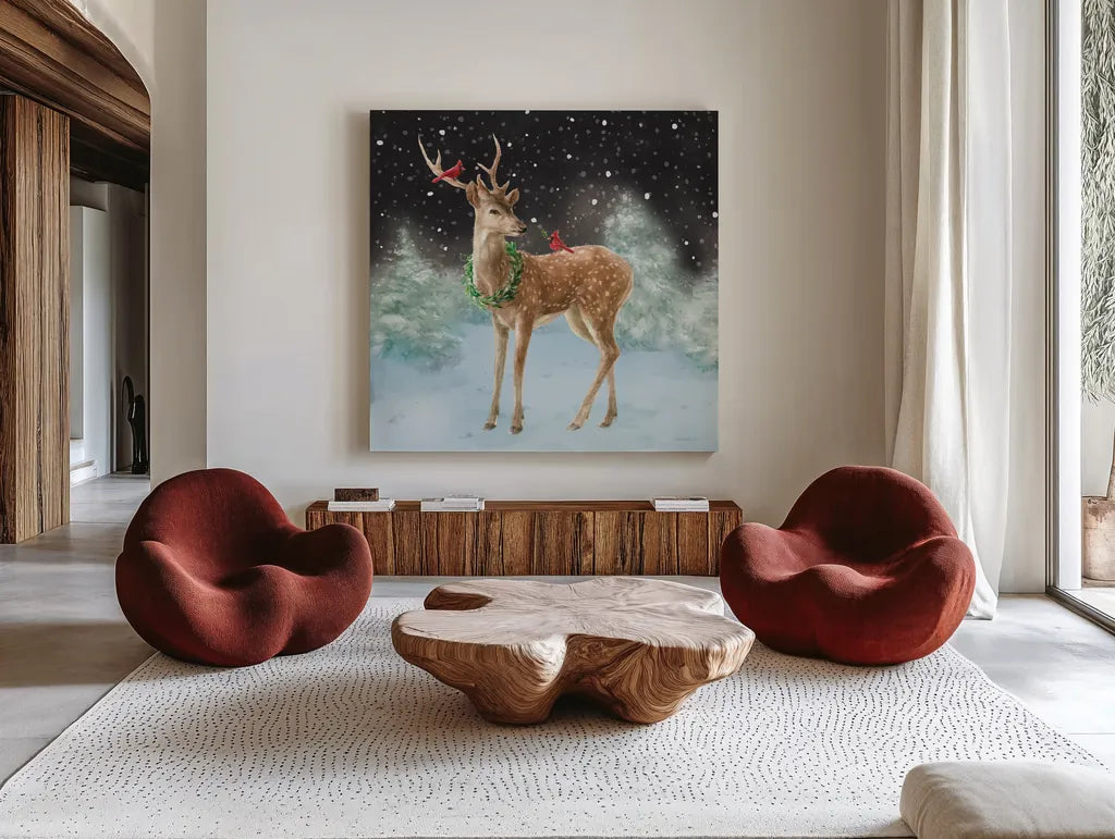 Woodland Celebration III Black by Danhui Nai. Shown as extra-large giant wall art in a modern living room. Available as an archival giclee rolled canvas, fine art paper, or poster print. SKU 81960a.