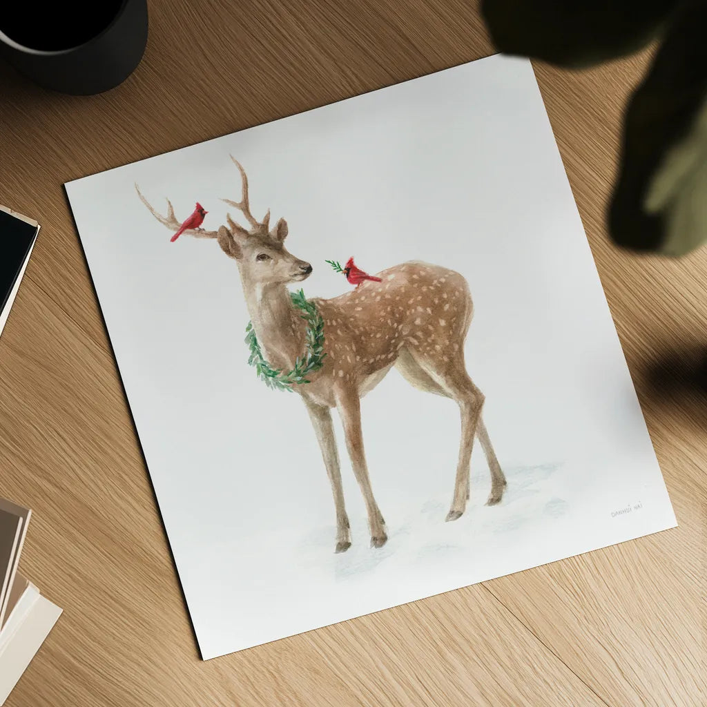 Woodland Celebration III on White by Danhui Nai. Shown as a detailed flat fine art print, highlighting archival giclee quality. Available as an archival giclee rolled canvas, fine art paper, or poster print. SKU 54911a.