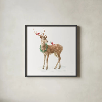 Woodland Celebration III on White by Danhui Nai. Shown in a sleek black glass frame for a contemporary gallery look. Available as an archival giclee rolled canvas, fine art paper, or poster print. SKU 54911a.