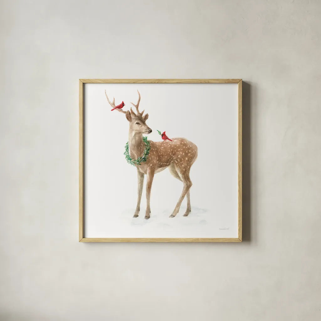 Woodland Celebration III on White by Danhui Nai. Shown in a natural wood glass frame for a timeless modern aesthetic. Available as an archival giclee rolled canvas, fine art paper, or poster print. SKU 54911a.