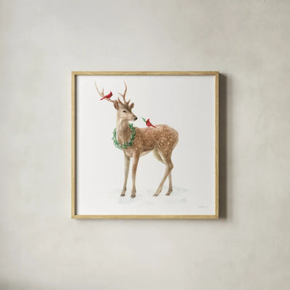 Woodland Celebration III on White by Danhui Nai. Shown in a natural wood glass frame for a timeless modern aesthetic. Available as an archival giclee rolled canvas, fine art paper, or poster print. SKU 54911a.