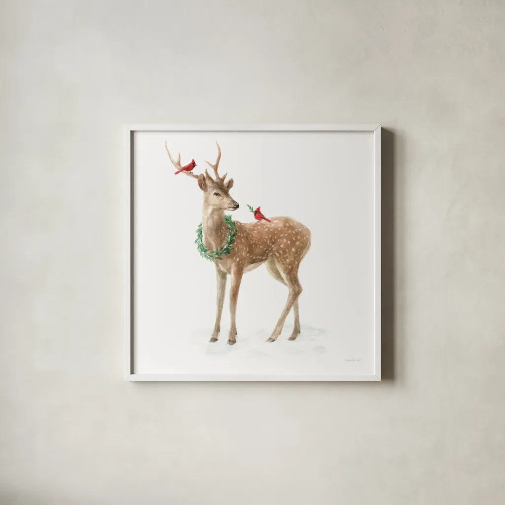 Woodland Celebration III on White by Danhui Nai. Shown in a crisp white glass frame for a clean and minimalist style. Available as an archival giclee rolled canvas, fine art paper, or poster print. SKU 54911a.