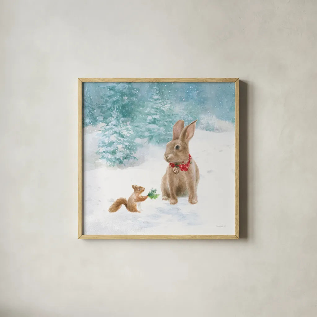 Woodland Celebration IV by Danhui Nai. Shown in a natural wood glass frame for a timeless modern aesthetic. Available as an archival giclee rolled canvas, fine art paper, or poster print. SKU 54906a.