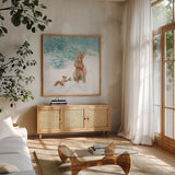 Woodland Celebration IV by Danhui Nai. Shown in a natural wood frame in a cozy modern living room. Available as an archival giclee rolled canvas, fine art paper, or poster print. SKU 54906a.