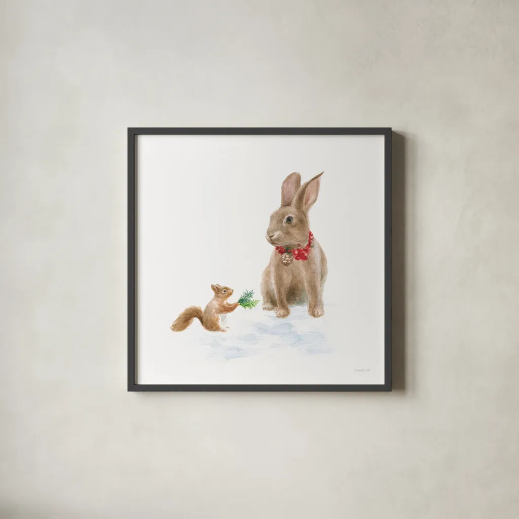 Woodland Celebration IV on White by Danhui Nai. Shown in a sleek black glass frame for a contemporary gallery look. Available as an archival giclee rolled canvas, fine art paper, or poster print. SKU 54912a.