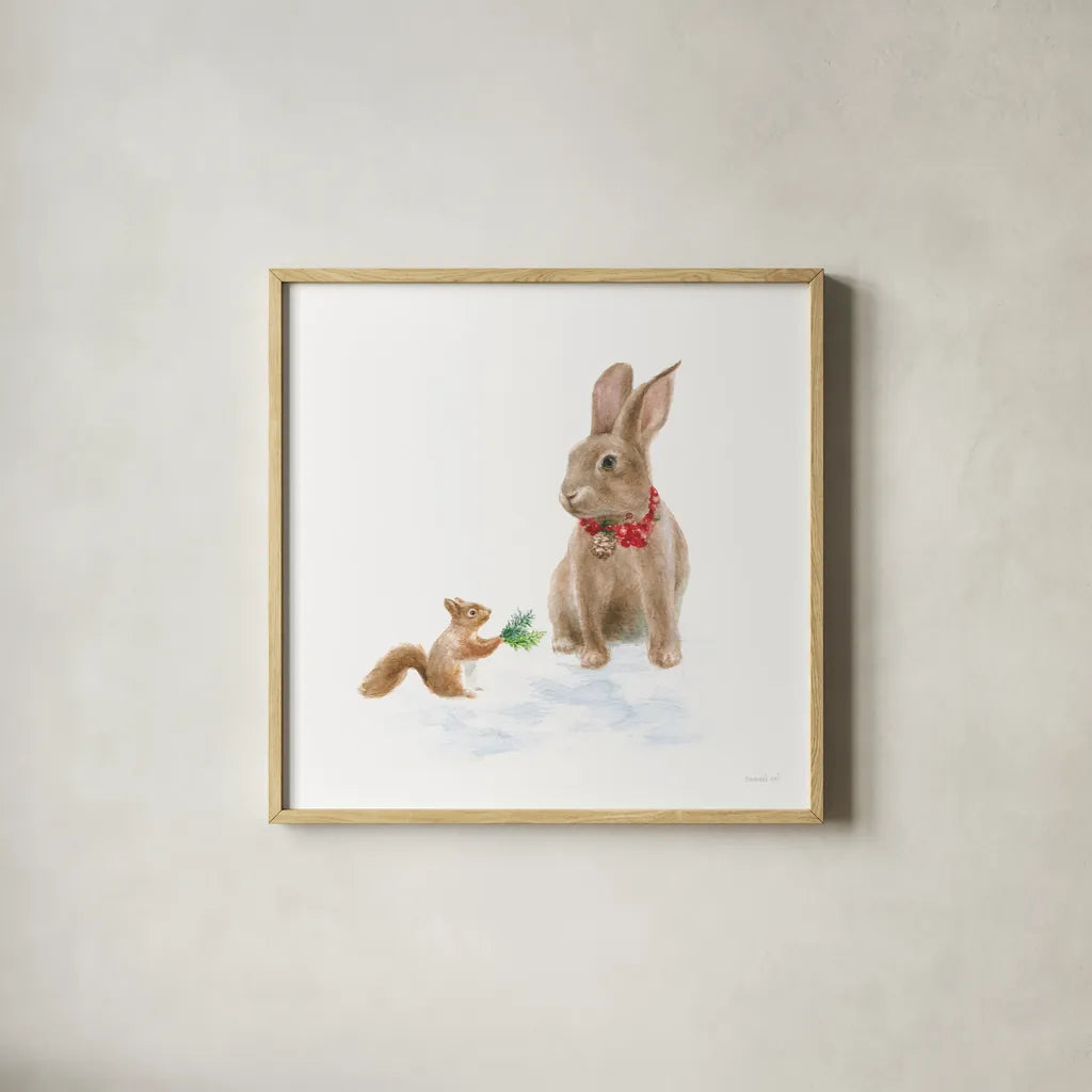 Woodland Celebration IV on White by Danhui Nai. Shown in a natural wood glass frame for a timeless modern aesthetic. Available as an archival giclee rolled canvas, fine art paper, or poster print. SKU 54912a.