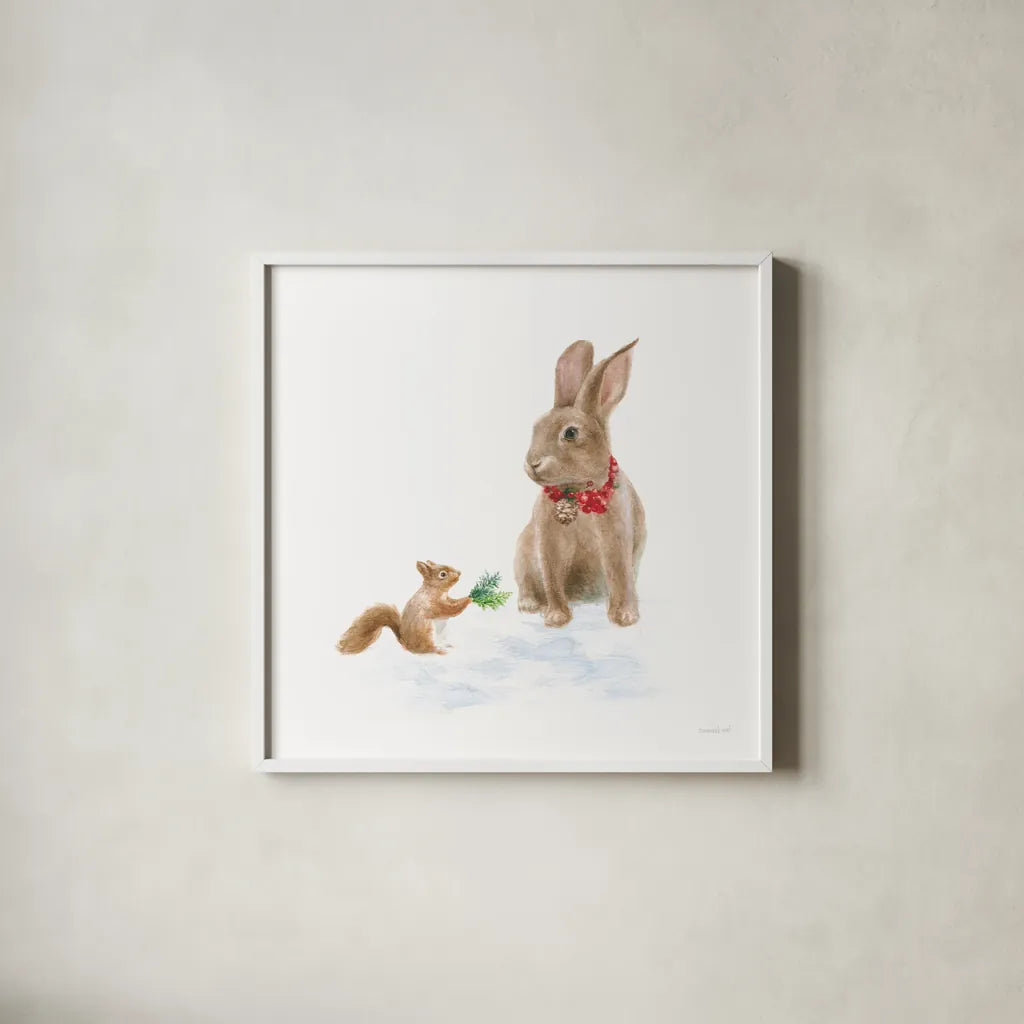 Woodland Celebration IV on White by Danhui Nai. Shown in a crisp white glass frame for a clean and minimalist style. Available as an archival giclee rolled canvas, fine art paper, or poster print. SKU 54912a.