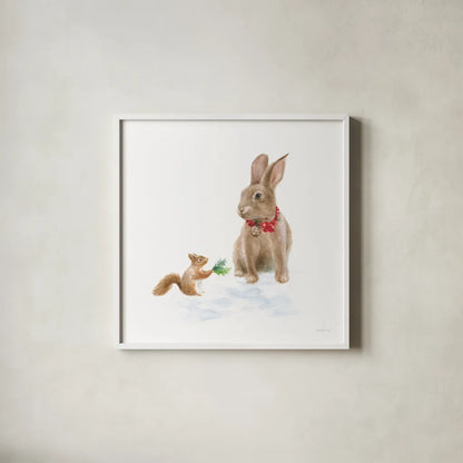 Woodland Celebration IV on White by Danhui Nai. Shown in a crisp white glass frame for a clean and minimalist style. Available as an archival giclee rolled canvas, fine art paper, or poster print. SKU 54912a.