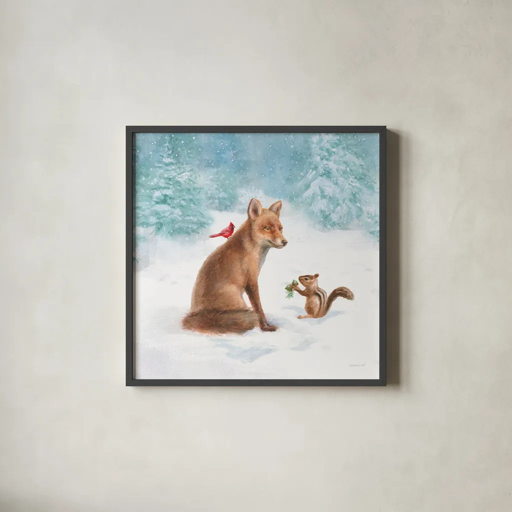 Woodland Celebration V by Danhui Nai. Shown in a sleek black glass frame for a contemporary gallery look. Available as an archival giclee rolled canvas, fine art paper, or poster print. SKU 54907a.