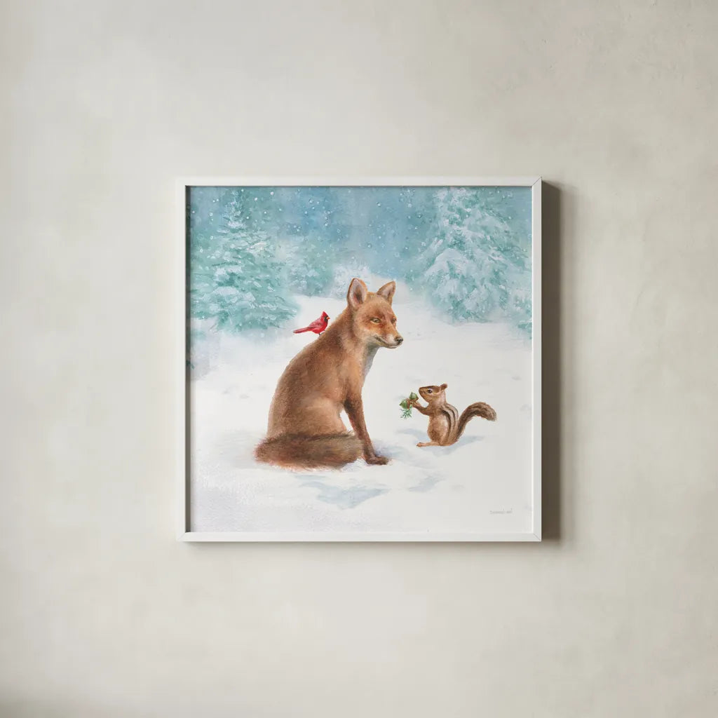 Woodland Celebration V by Danhui Nai. Shown in a crisp white glass frame for a clean and minimalist style. Available as an archival giclee rolled canvas, fine art paper, or poster print. SKU 54907a.