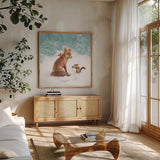 Woodland Celebration V by Danhui Nai. Shown in a natural wood frame in a cozy modern living room. Available as an archival giclee rolled canvas, fine art paper, or poster print. SKU 54907a.
