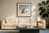 Woodland Celebration V by Danhui Nai. Displayed in a glass frame with matte in a clean modern living room. Available as an archival giclee rolled canvas, fine art paper, or poster print. SKU 54907a.