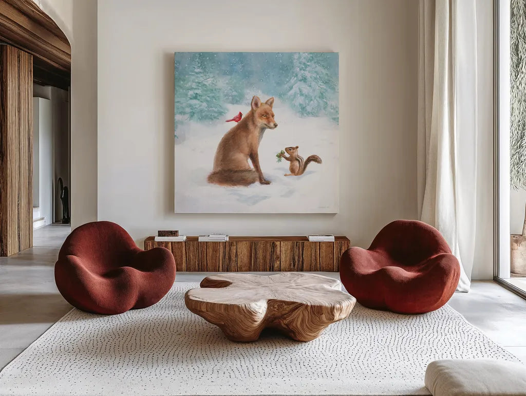 Woodland Celebration V by Danhui Nai. Shown as extra-large giant wall art in a modern living room. Available as an archival giclee rolled canvas, fine art paper, or poster print. SKU 54907a.